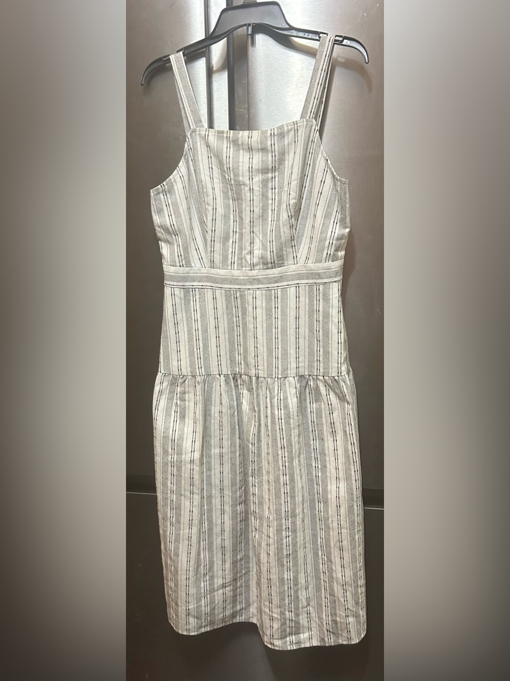 First Monday Striped Sleeveless Tiered Dress in Cream and Black PTP 16’ L 51’